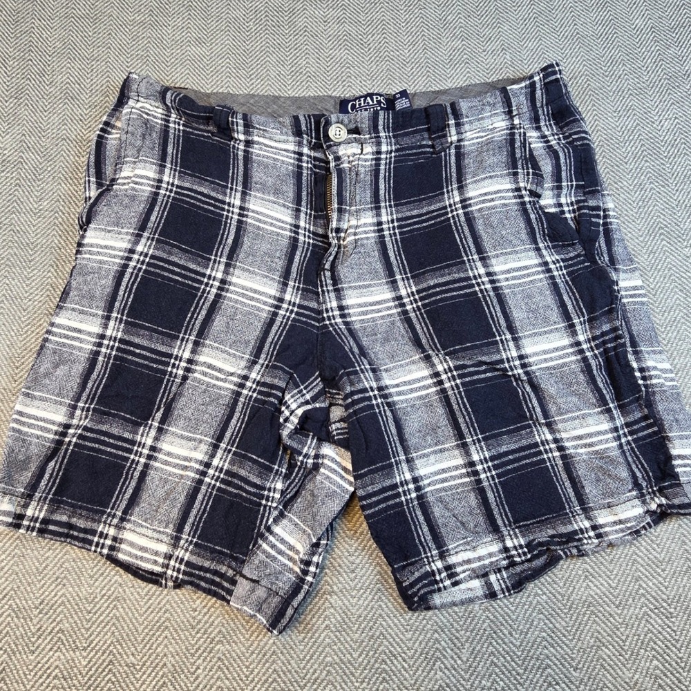 Chaps Mens Navy Blue White Plaid Linen Blend Shorts Size 33 Casual Summer